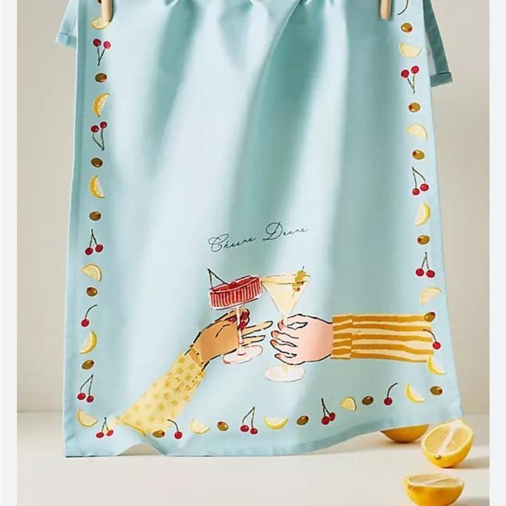 Anthropologie Cheers Dears New Blue Tea Towel with Cheers Design